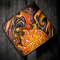 Handmade Leather Chinese Lion Tooled Mens billfold Wallet Cool Leather Wallet Slim Wallet for Men - imessengerbags