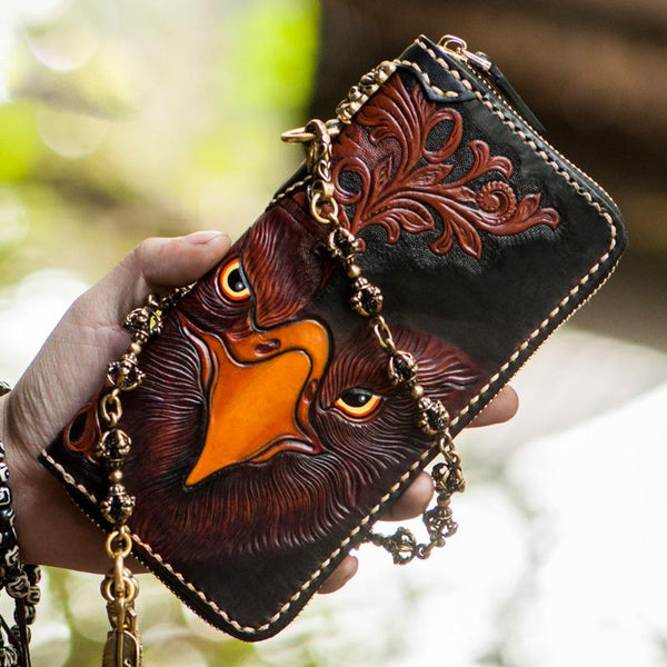 Handmade Leather Mens Tooled Eagle Chain Biker Wallet Cool Leather Wallet Long Clutch Wallets for Men - imessengerbags