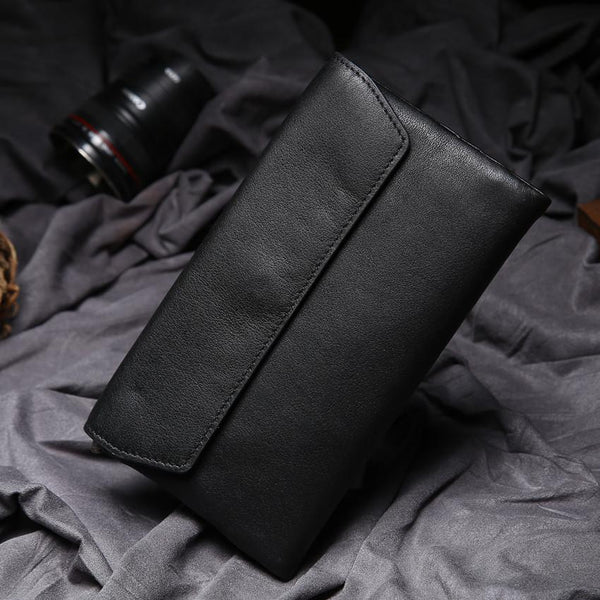 Black Leather Long Wallet for Men Bifold Long Wallet - imessengerbags