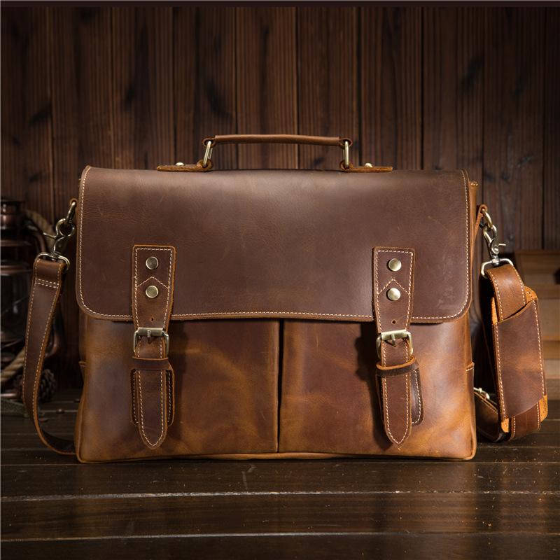 Cool Leather Mens Briefcase Business Briefcase Vintage Shoulder Bag HandBags for men