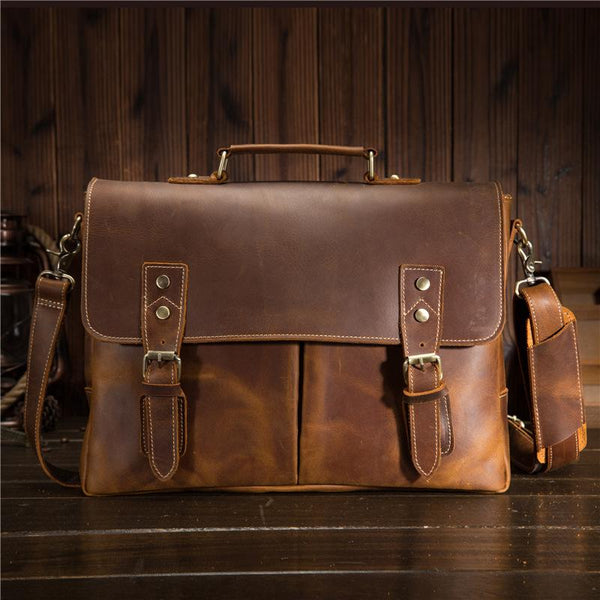 Cool Leather Mens Briefcase Business Briefcase Vintage Shoulder Bag HandBags for men - imessengerbags
