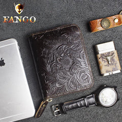 Handmade Leather Floral Mens Zipper Cool billfold Wallet Card Holder Small Card Slim Wallets for Men - imessengerbags
