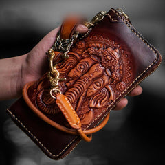 Handmade Leather Tooled Ganesh Mens Chain Biker Wallet Cool Leather Wallet Zipper Long Phone Wallets for Men