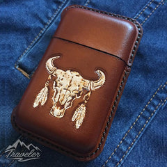 Brown Leather Mens Engraved Skull Cigarette Holder Case Vintage Custom Cigarette Case for Men