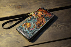 Handmade Leather Carp Mens Chain Biker Wallet Cool Leather Wallet Long Phone Wallets for Men