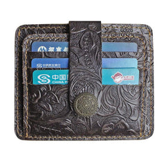 Handmade Leather Floral Mens Cool Front Pocket Wallet Short Wallet Card Holder Small Card Slim Wallets for Men