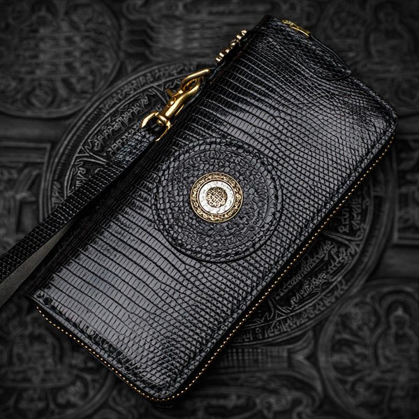 Handmade Leather Black LIZARD SKIN Chain Wallet Mens Biker Wallet Cool Leather Wallet Long Phone Wallets for Men - imessengerbags