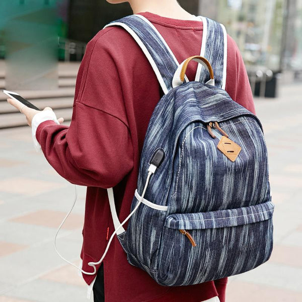 Canvas Women Mens 14" Navy Blue Travel Backpack Brown Computer Bag College Backpack for Men - imessengerbags