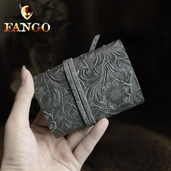 Handmade Leather Floral Mens Cool Short Wallet Card Holder Small Card Slim Wallets for Men - imessengerbags