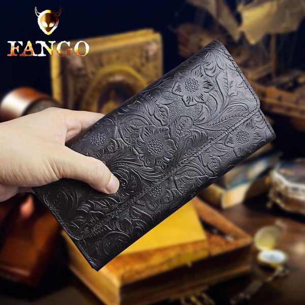 Handmade Leather Floral Mens Cool Travel Long Wallet Card Holder Card Trifold Clutch Wallets for Men - imessengerbags