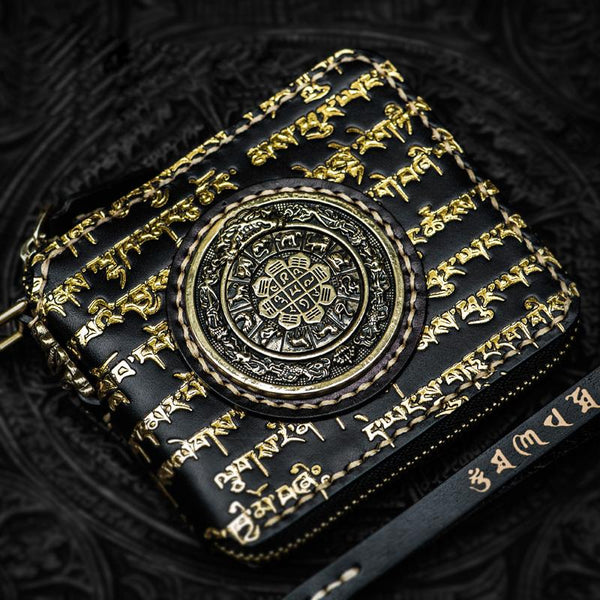 Handmade Leather Chain Wallet Tooled Tibetan Biker Wallet Mens Cool billfold Trucker Wallet with Chain - imessengerbags