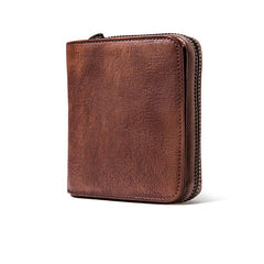 Genuine Leather Mens Cool Zipper Leather Wallet Men Small Wallets Bifold for Men - imessengerbags