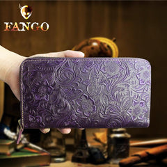 Handmade Leather Floral Mens Cool Travel Long Wallet Card Holder Card Slim Clutch Wallets for Men - imessengerbags