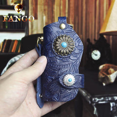 Handmade Leather Floral Mens Cool Car Key Wallet Coin Wallet Pouch Car KeyChain for Men - imessengerbags