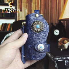 Handmade Leather Floral Mens Cool Car Key Wallet Coin Wallet Pouch Car KeyChain for Men - imessengerbags