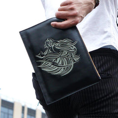 Handmade Leather Mens Clutch Cool Slim Lion Wallet Zipper Clutch Wristlet Wallet for Men