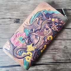 Handmade Leather Chinese Lion Tooled Mens Long Wallet Cool Leather Wallet Clutch Wallet for Men - imessengerbags