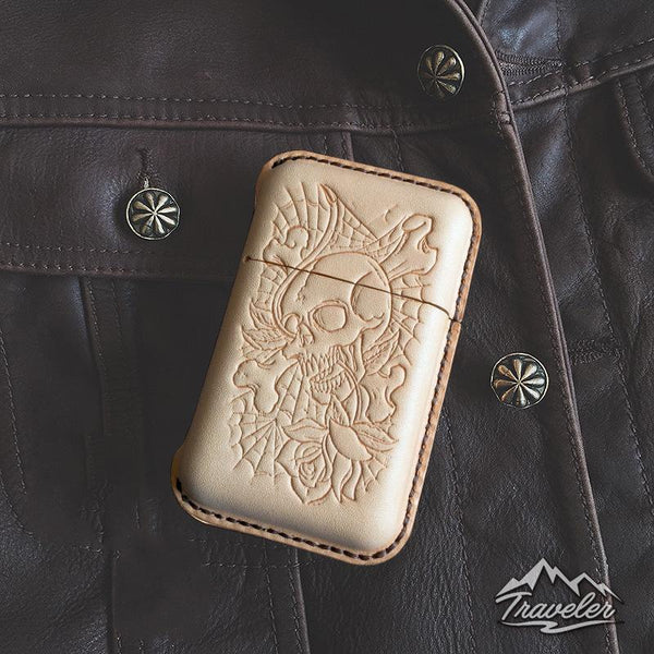 Beige Leather Mens Engraved Skull Cigarette Holder Case Vintage Custom Cigarette Case for Men - imessengerbags