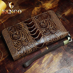 Handmade Leather Mens Tooled Floral Cool Zipper Phone Travel Long Wallet Card Holder Card Slim Clutch Wallets for Men - imessengerbags