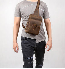 Genuine Leather Mens Cool Chest Bag Sling Bag Crossbody Bag Travel Bag Hiking Bag for men