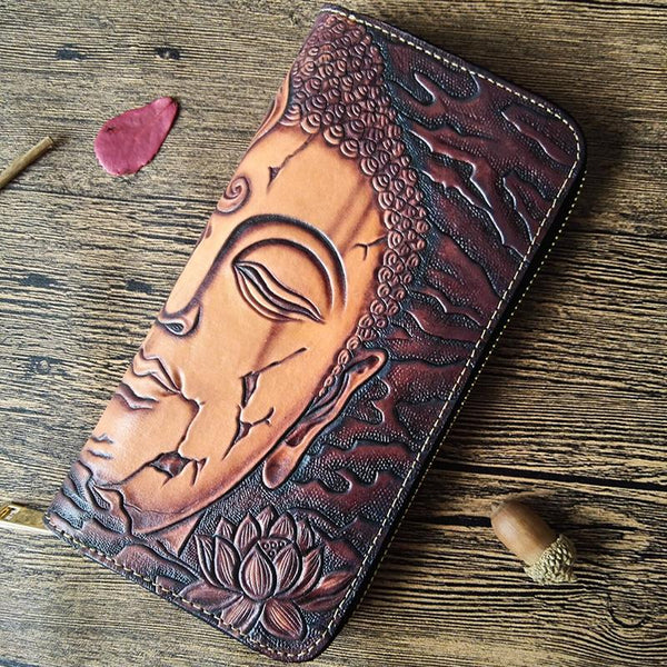 Handmade Leather Buddha&Demon Tooled Mens Long Wallet Cool Leather Wallet Clutch Wallet for Men - imessengerbags