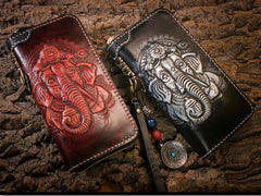 Handmade Leather Mens Chain Biker Wallet Cool Tooled Ganesha Wallet Long Phone Wallets for Men