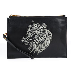 Handmade Leather Mens Clutch Cool Slim Lion Wallet Zipper Clutch Wristlet Wallet for Men