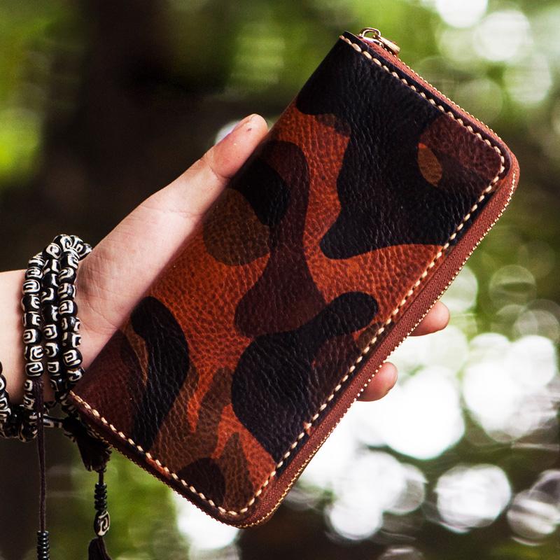 Handmade Leather Men Camouflage Cool Leather Wallet Long Phone Clutch Wallets for Men - imessengerbags