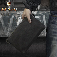 Handmade Leather Mens Clutch Cool Slim Wallet Zipper Clutch Wristlet Wallet for Men