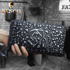 Handmade Leather Mens Tooled Skull Death Cool Zipper Phone Travel Long Wallet Card Holder Card Slim Clutch Wallets for Men - imessengerbags