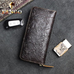 Handmade Leather Floral Mens Cool Travel Long Wallet Card Holder Card Slim Clutch Wallets for Men - imessengerbags