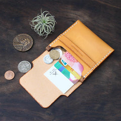 Handmade Cool Wooden Brown Leather Mens Wallet Small Card Holder Coin Wallet for Men - imessengerbags