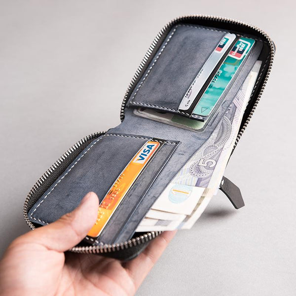 Handmade Leather Mens Cool Slim Leather Zipper Wallet Men Small Wallets Bifold for Men - imessengerbags