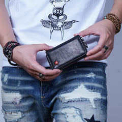 Genuine Leather Mens Cool Long Leather Wallet Zipper Clutch Wallet for Men