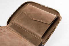 Handmade Leather Mens Cool Slim Leather Zipper Wallet Men Small Wallets Bifold for Men - imessengerbags
