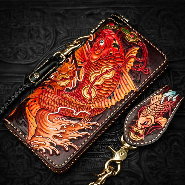 Handmade Leather Tooled Carp Mens Chain Biker Wallet Cool Leather Wallet Long Phone Wallets for Men - imessengerbags