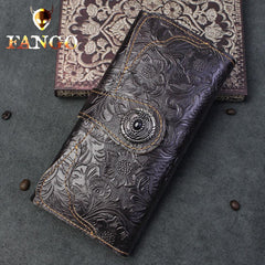 Handmade Leather Floral Mens Cool Travel Long Wallet Card Holder Card Slim Clutch Wallets for Men - imessengerbags