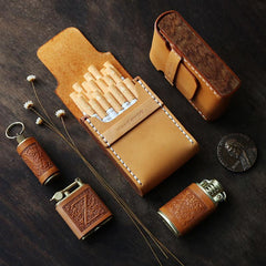 Cool Wooden Beige Leather Mens Cigarette Case Custom Cigarette Holder for Men
