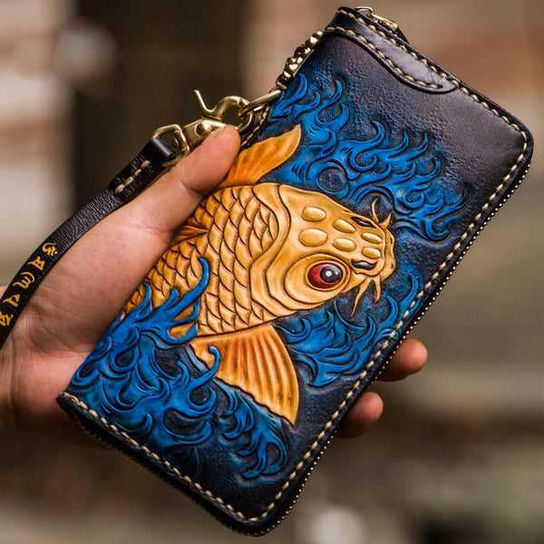 Handmade Leather Men Tooled Carp Cool Leather Wallet Long Phone Wallets for Men - imessengerbags