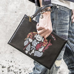 Handmade Leather Mens Cool Embroidery Wallet Zipper Clutch Wristlet Wallet for Men - imessengerbags