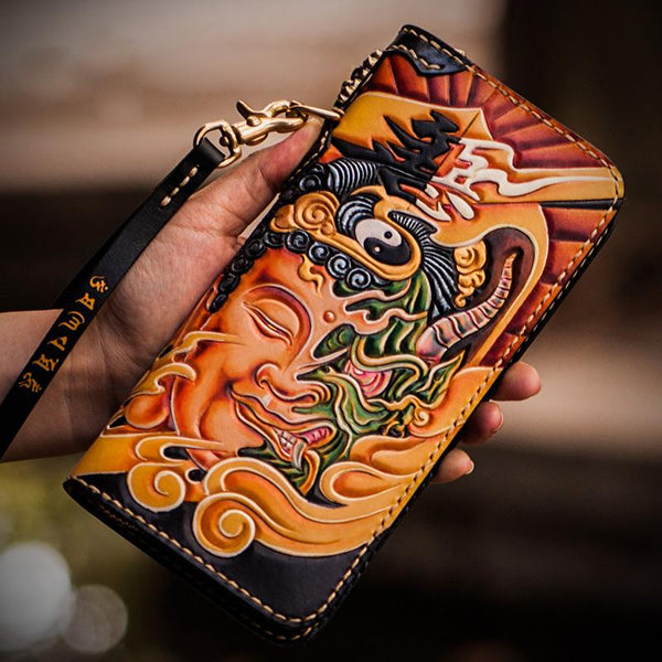 Handmade Leather Tooled At Whim Mens Chain Biker Wallet Cool Leather Wallet Long Phone Wallets for Men - imessengerbags