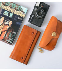 Tan Cool Leather Mens Long Wallet Black Bifold Wallet Long Wallet Brown Phone Wallet For Men - imessengerbags
