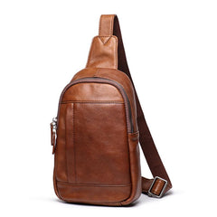 Trendy Black Leather Men's Sling Bag Chest Bag Brown Sling Crossbody Bag One Shoulder Backpack For Men - imessengerbags