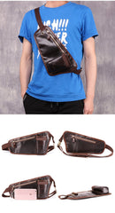 Vintage Cool Brown Leather Men's Chest Bag Sling Bag One Shoulder Backpack For Men