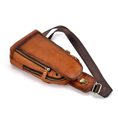 Vintage Tan Leather Men's Chest Bag One Shoulder Backpack Sling Bag For Men