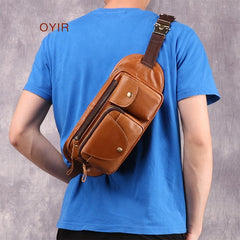 Vintage Brown Leather Men's Fanny Pack Hip Pack Chest Bag Sling Crossbody Bag For Men - imessengerbags