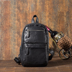 Cool Black Mens Leather One Shoulder Backpack Sling Bag Sling Crossbody Bag for Men - imessengerbags