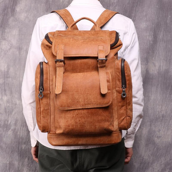 Trendy Brown Leather Men's 15'' Laptop Backpack Travel Backpack School Backpack For Men - imessengerbags