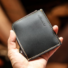 Handmade Slim Black Leather Mens billfold Wallet Zipper Small Wallet Front Pocket Wallet For Men - imessengerbags