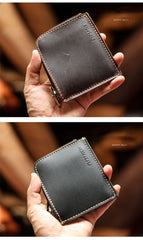 Handmade Slim Black Leather Mens billfold Wallet Zipper Small Wallet Front Pocket Wallet For Men - imessengerbags